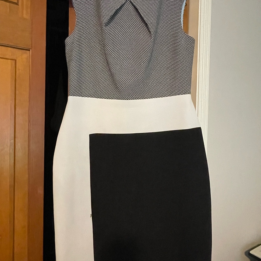 Sandra Darren White and Cream Sheath Dress Sleeveless Midi